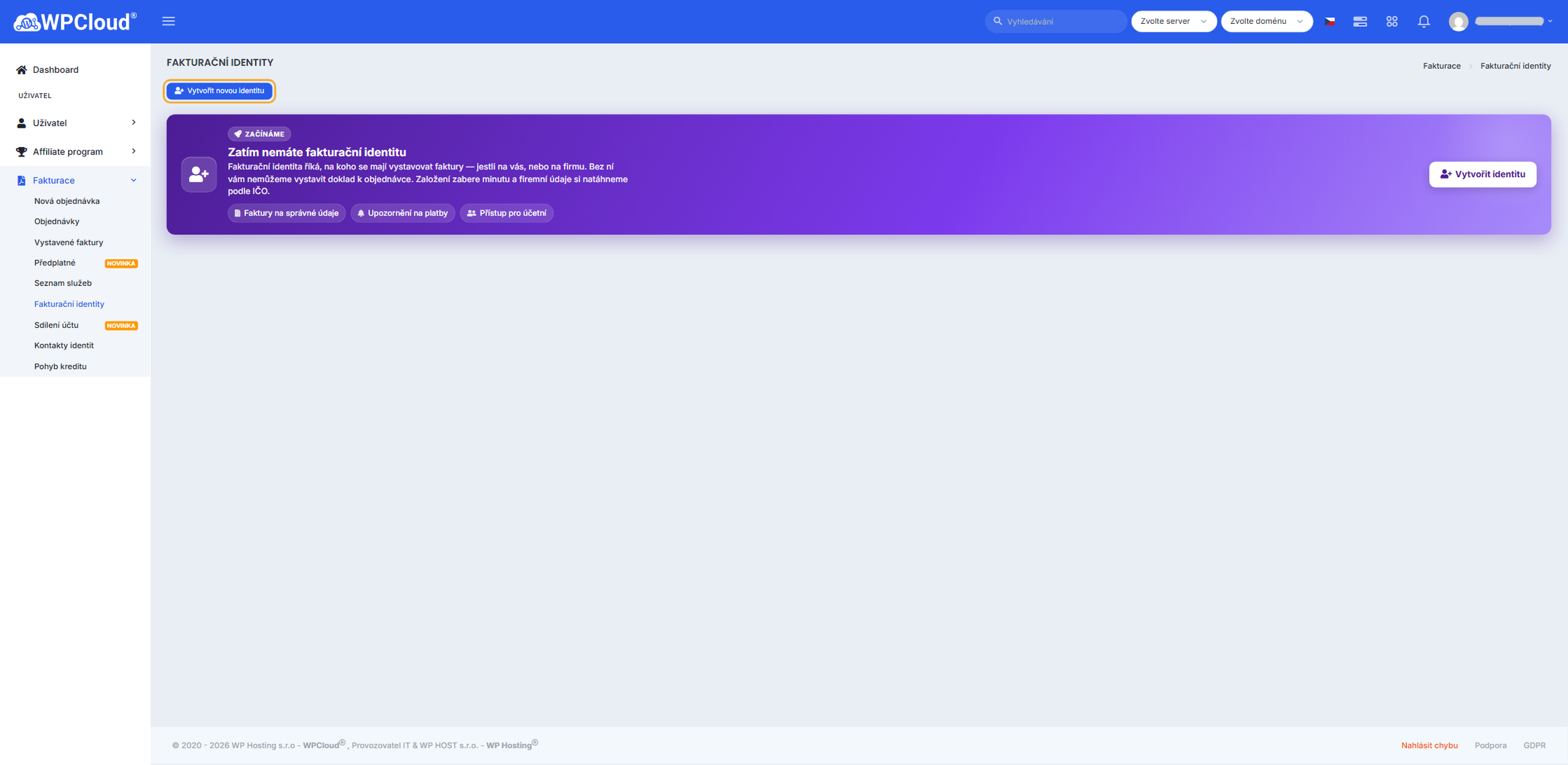 Přehled Fakturační identity s tlačítkem Vytvořit novou identitu