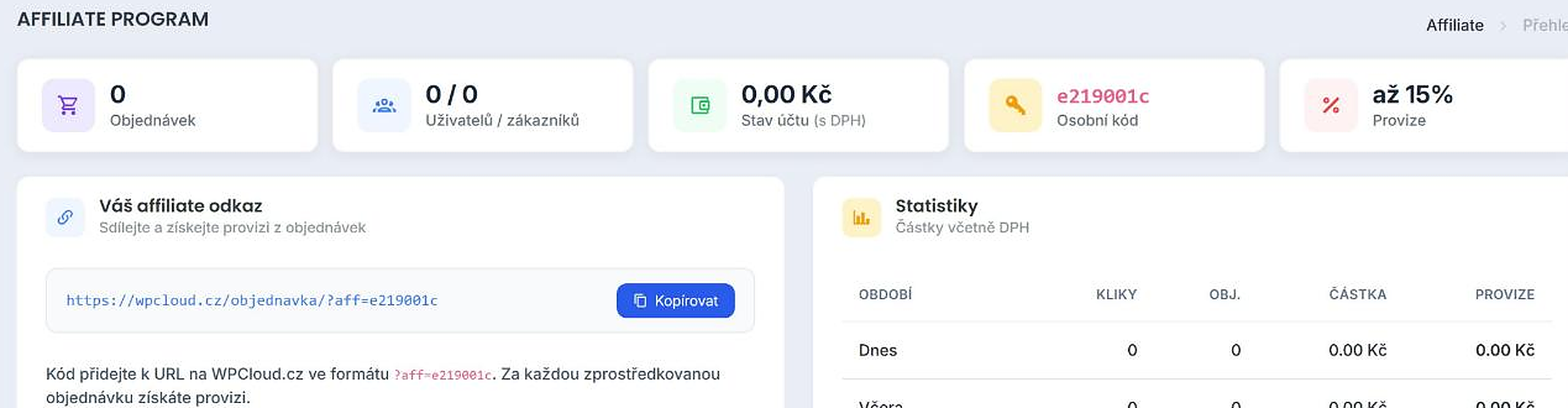 Statistiky programu, osobní kód a affiliate odkaz ke sdílení
