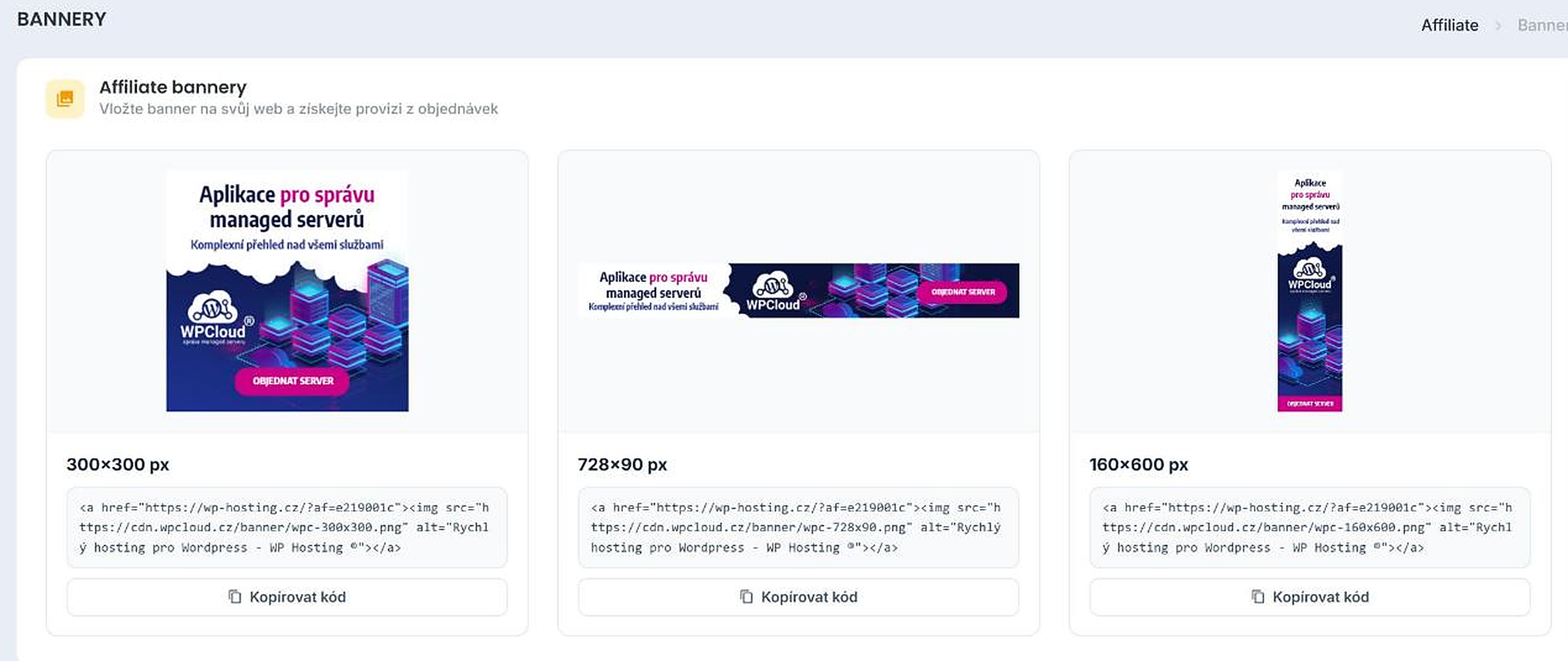 Tři formáty bannerů s předgenerovaným HTML kódem
