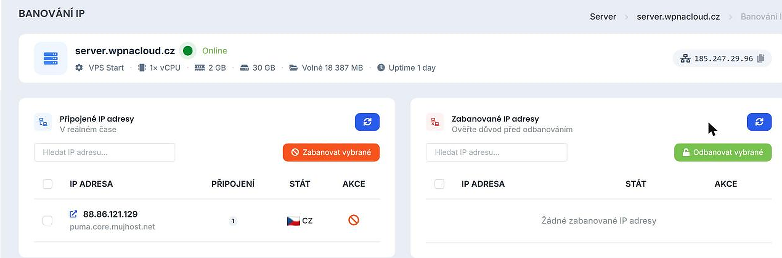 Seznam připojených IP adres v reálném čase a zabanovaných adres