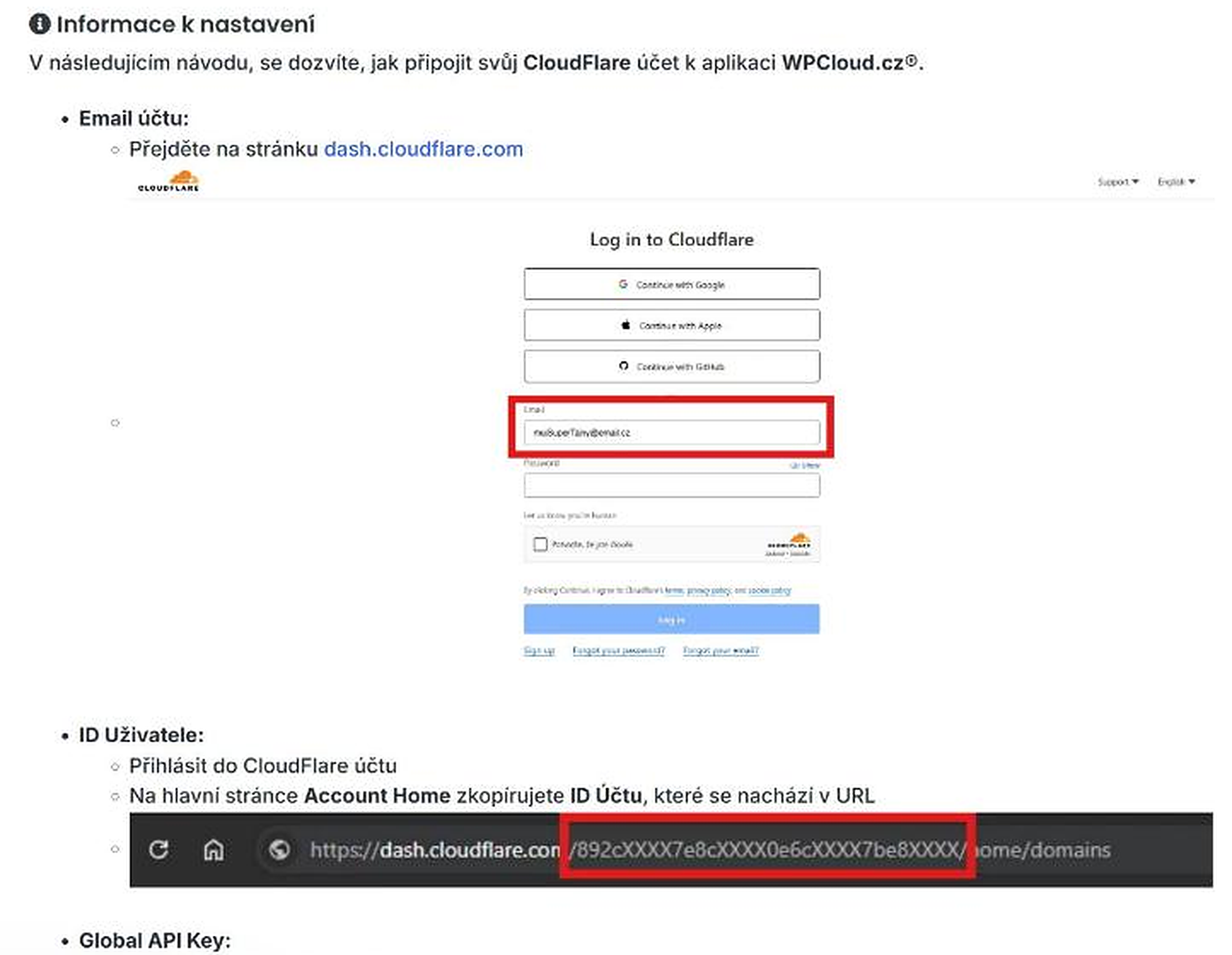 Návod jak zkopírovat ID účtu z adresy dash.cloudflare.com