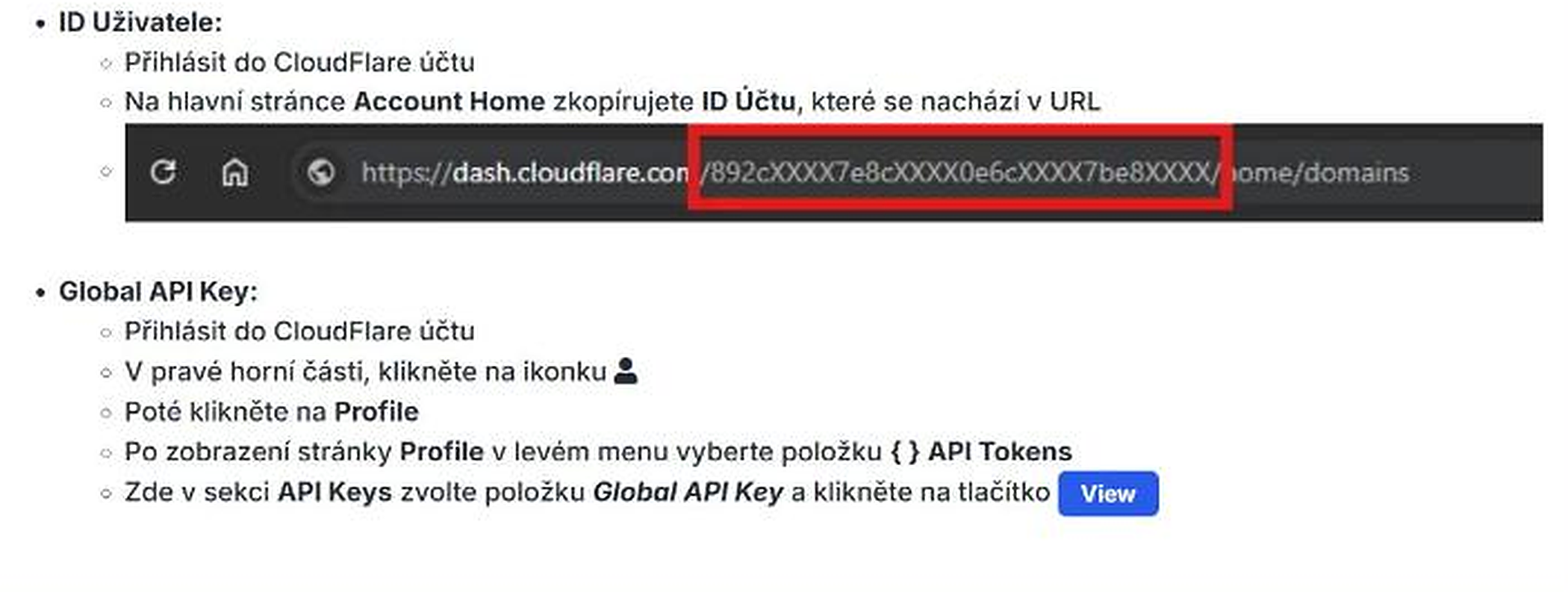 Návod jak zkopírovat ID účtu a Global API Key z profilu CloudFlare