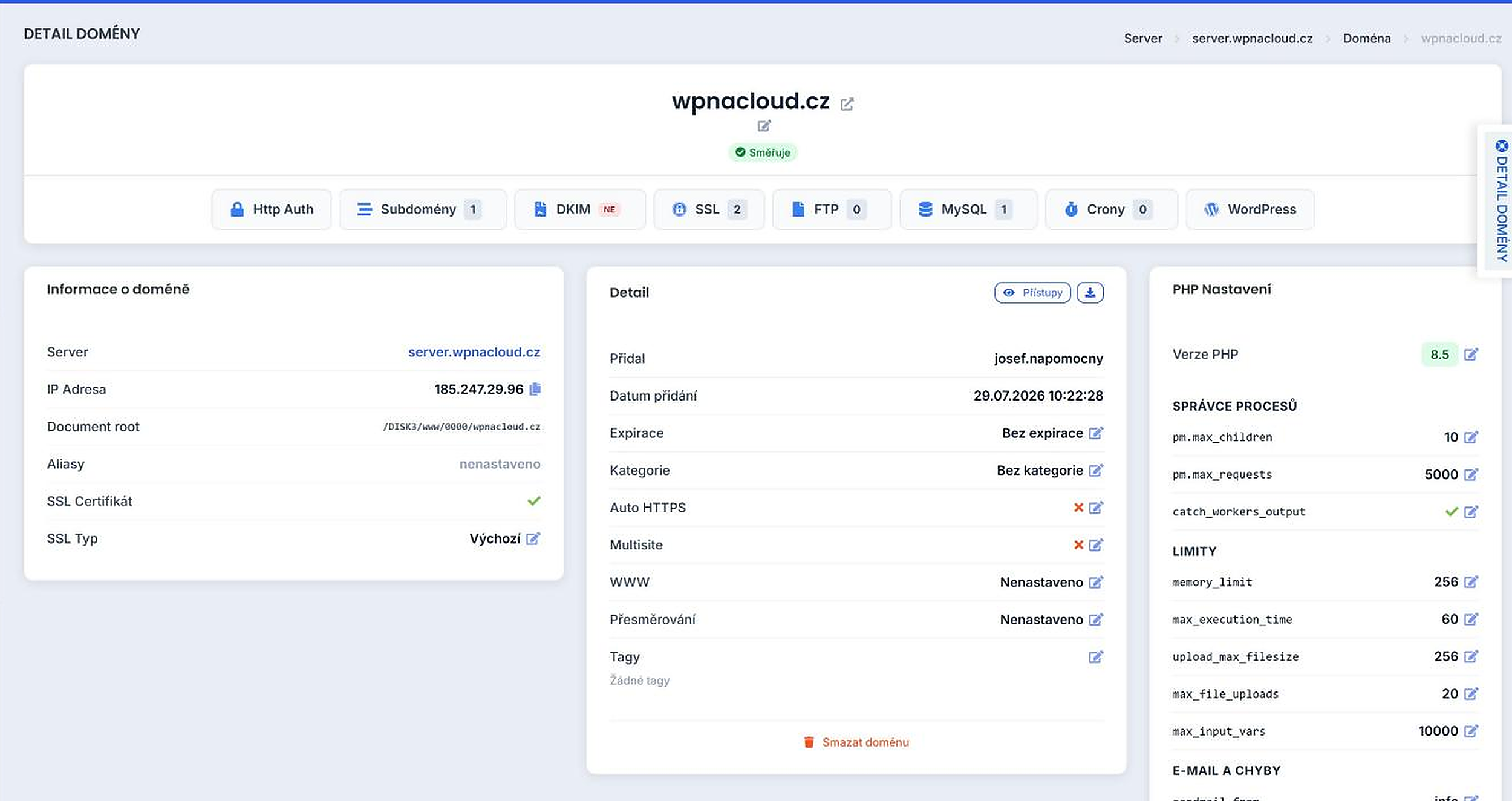 Detail domény — přehled, rychlé odkazy a PHP nastavení