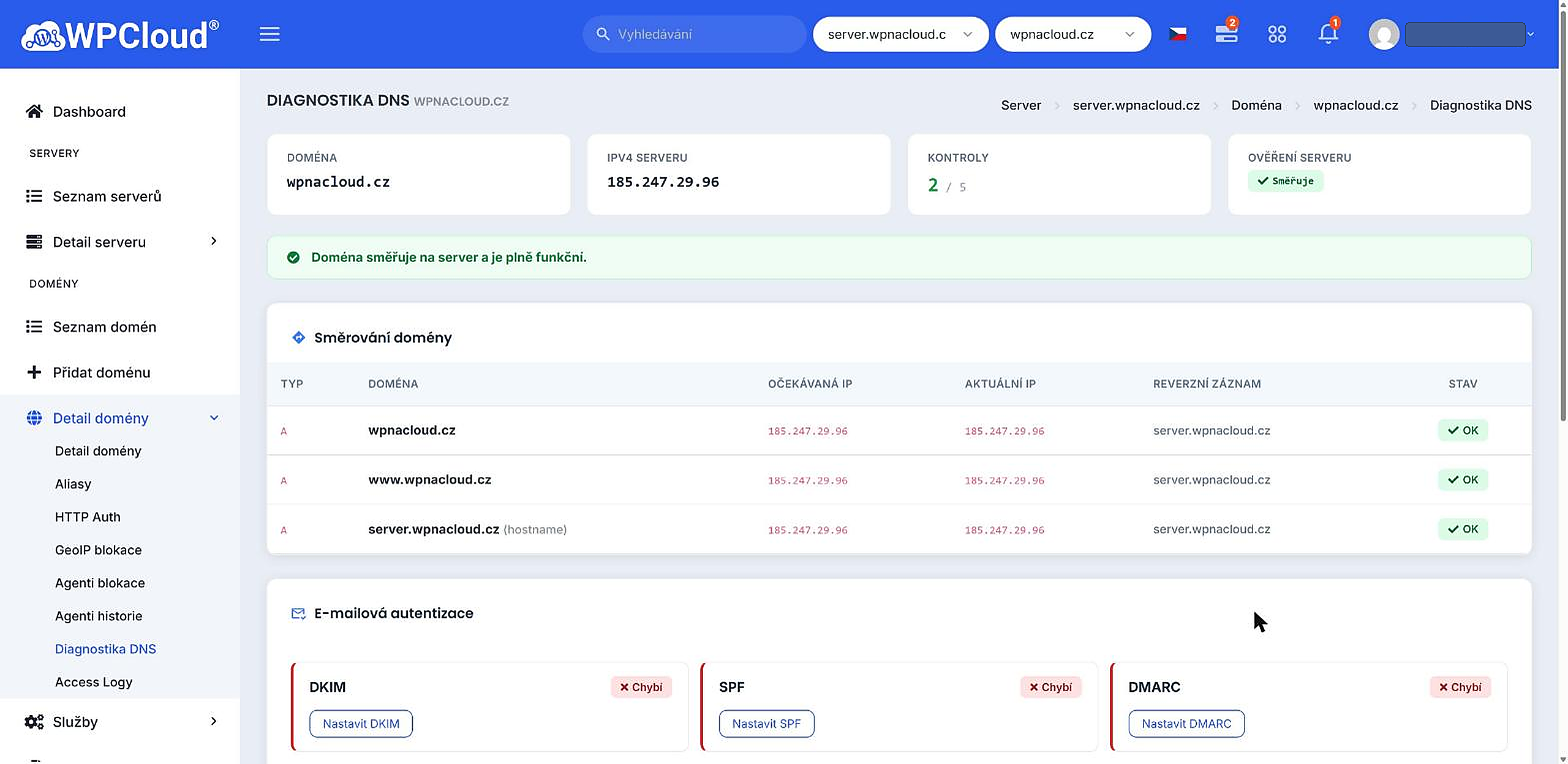 Diagnostika DNS se směrováním domény, e-mailovou autentizací a stavem OK