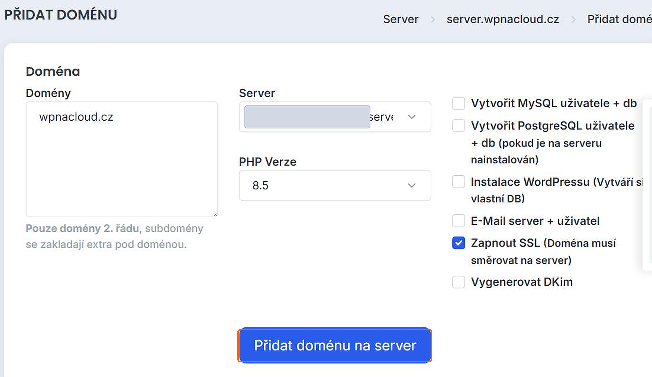 Vyplněný formulář domény