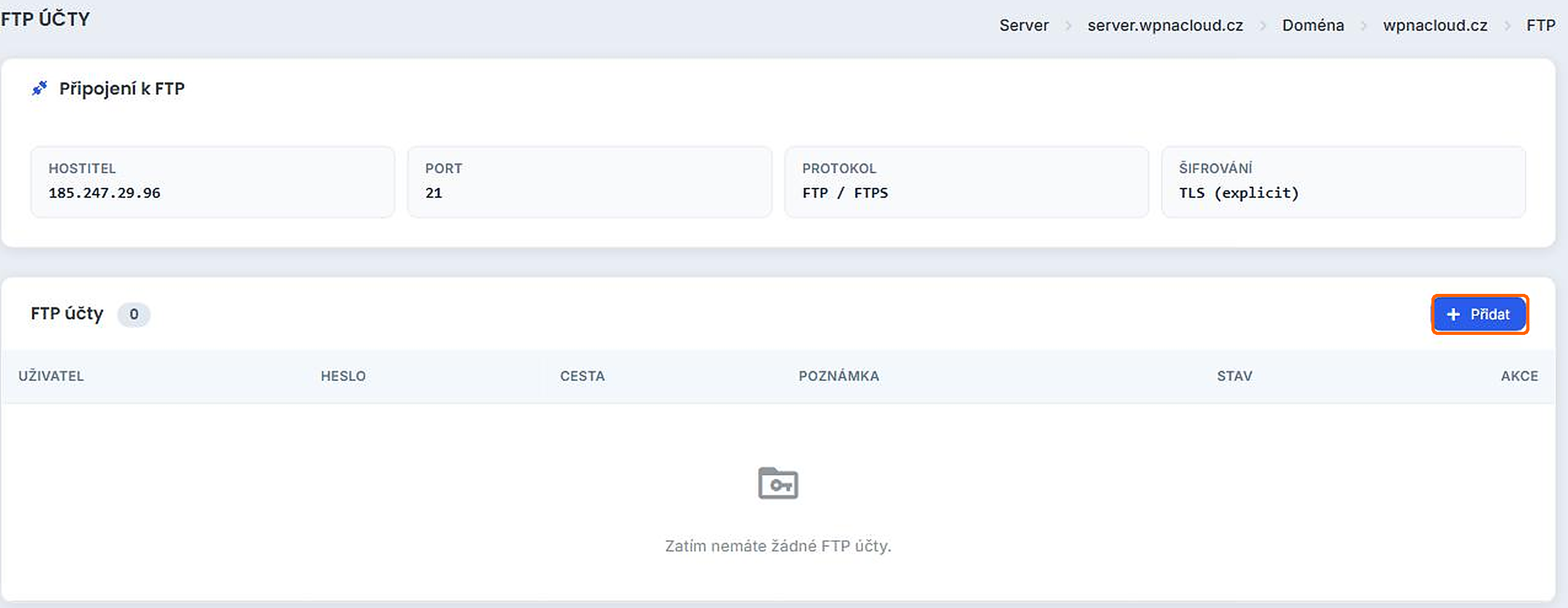 Stránka FTP účty