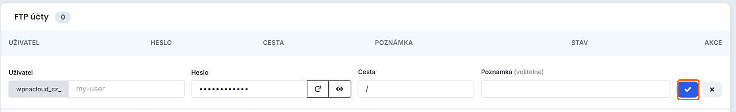 Formulář nového FTP účtu