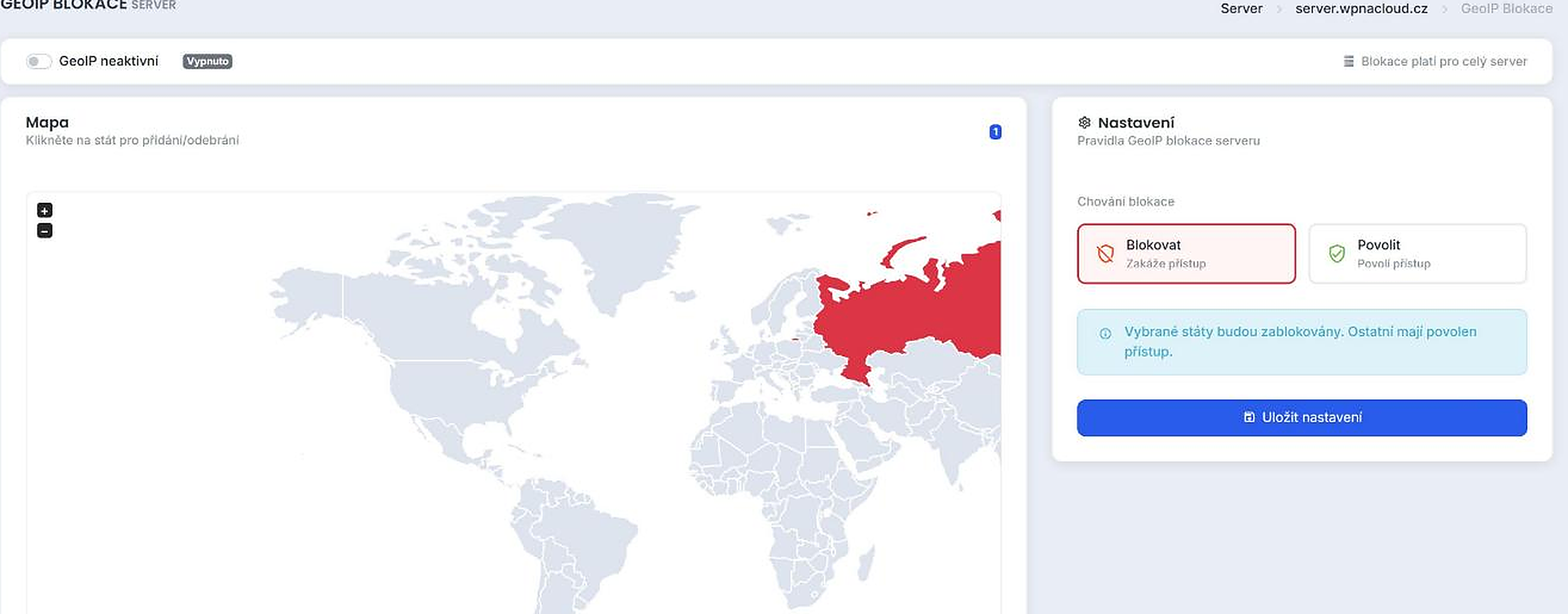 GeoIP blokace na úrovni serveru s vybraným státem na mapě