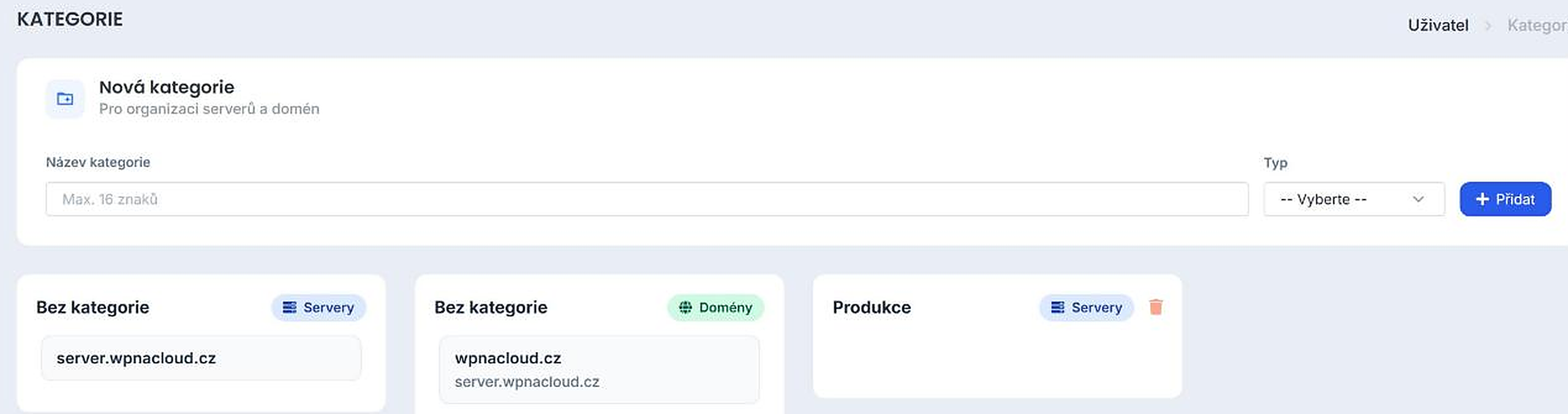 Formulář Nová kategorie a přehled skupin serverů a domén