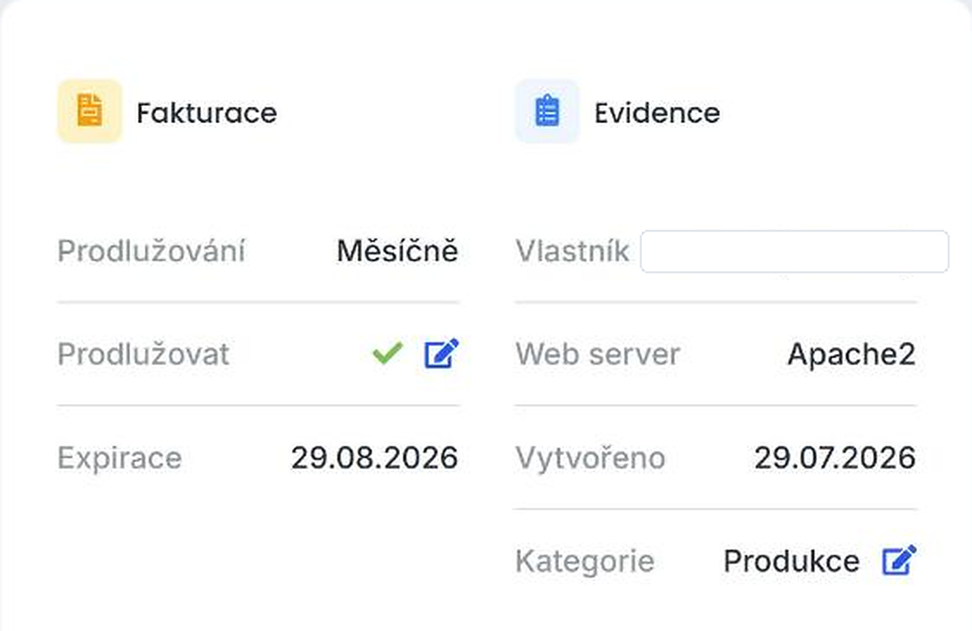 Pole Kategorie v Evidenci serveru nastavené na Produkce