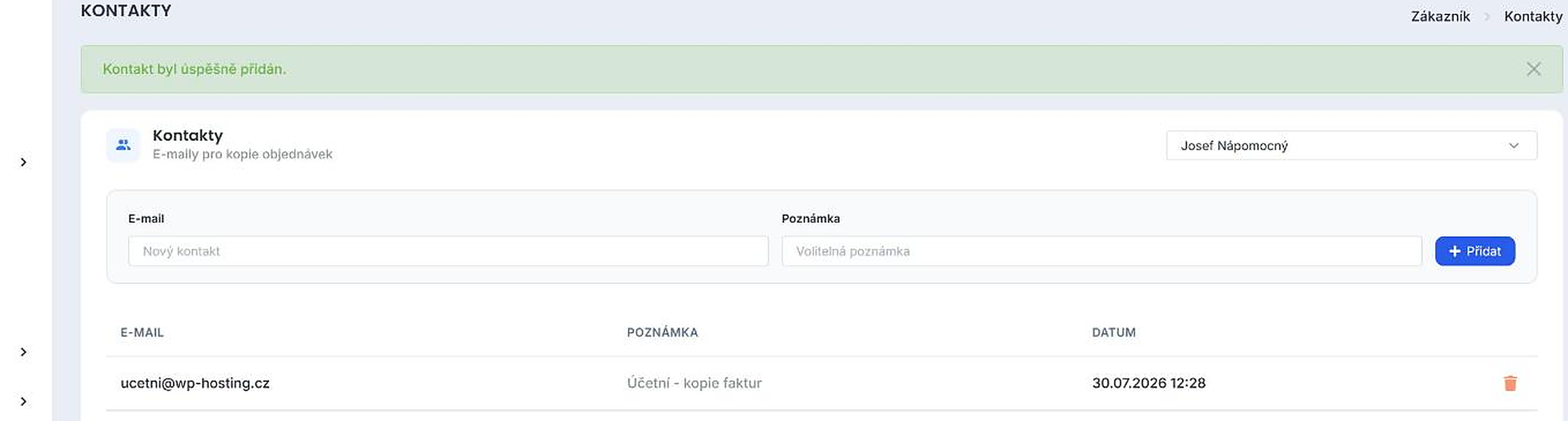 Úspěšně přidaný kontakt v seznamu