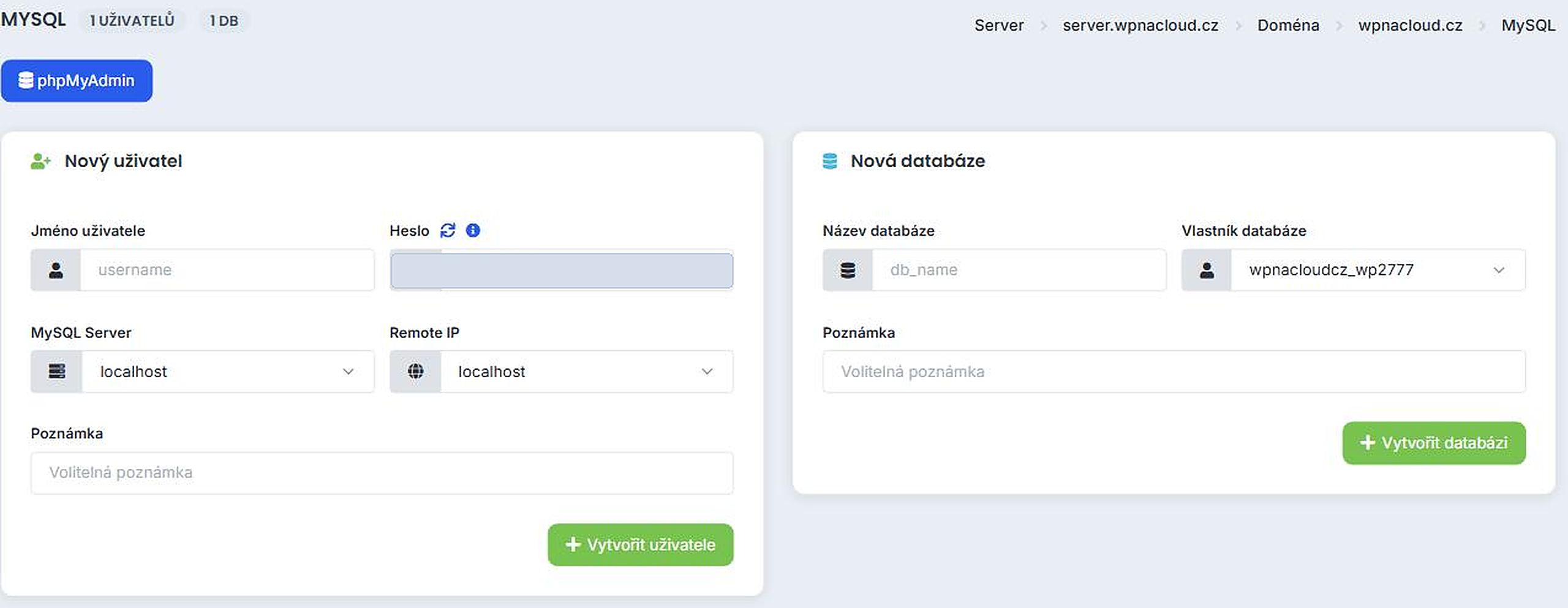 Správa MySQL v panelu