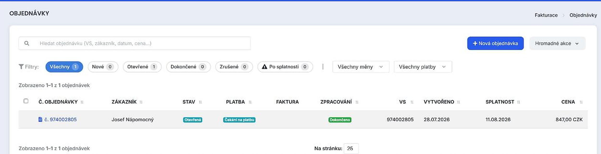 Přehled objednávek s filtry podle stavu a vyhledáváním