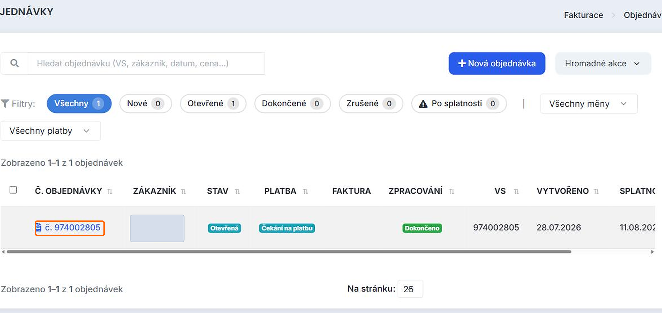 Seznam objednávek k zaplacení