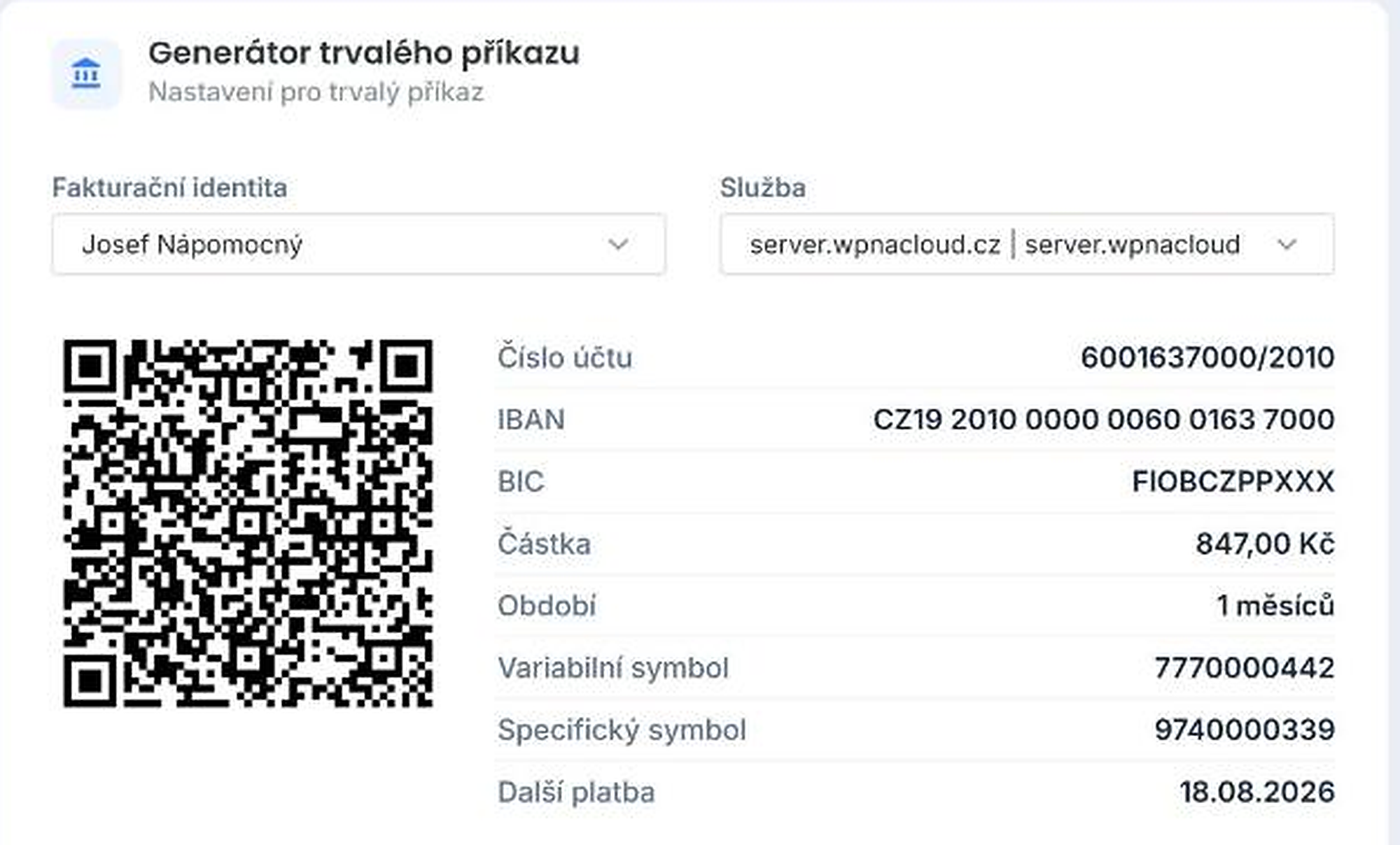 Vygenerované údaje pro trvalý bankovní příkaz s QR platbou