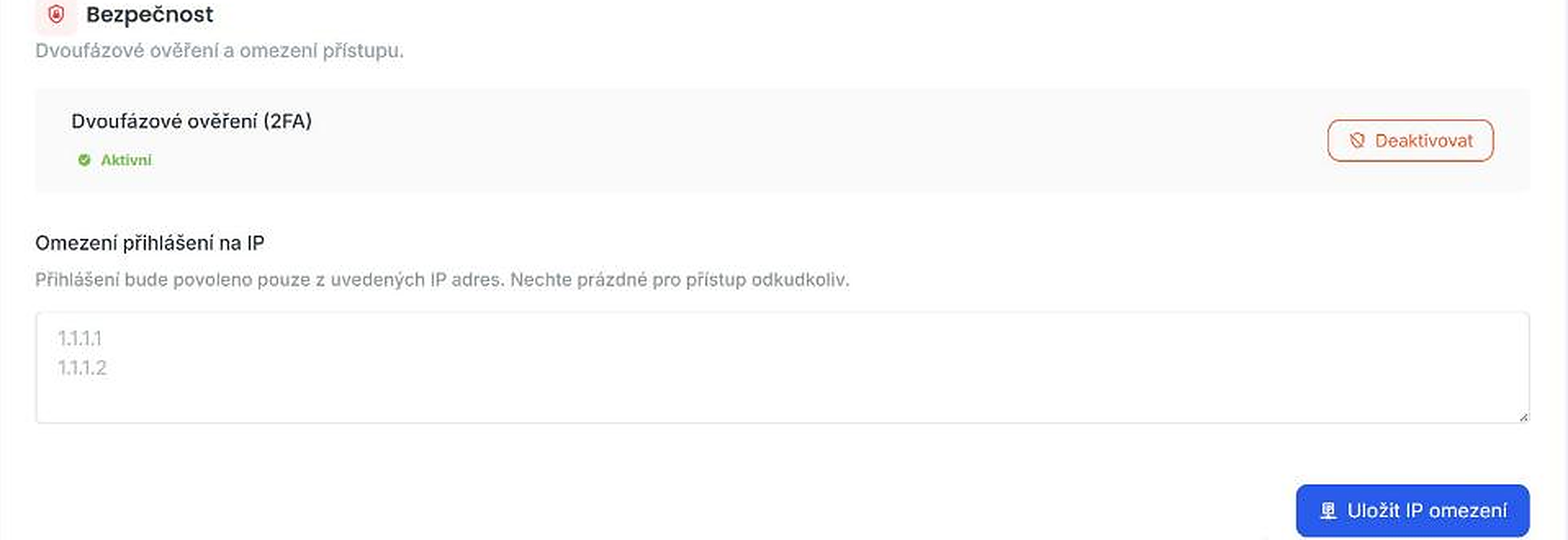 Sekce zabezpečení s 2FA a omezením přihlášení na IP
