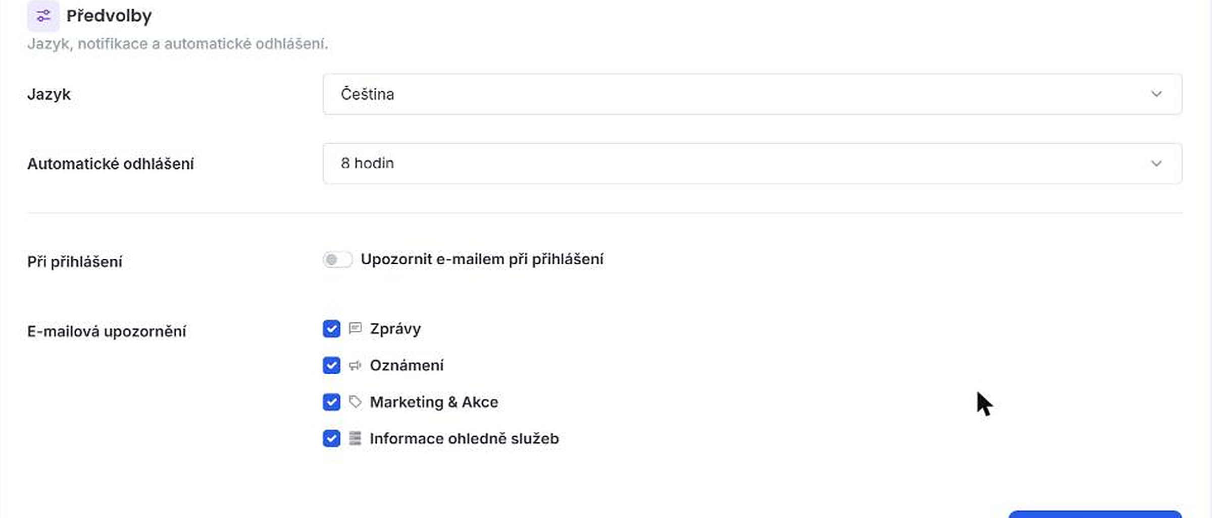 Předvolby jazyka, automatického odhlášení a upozornění