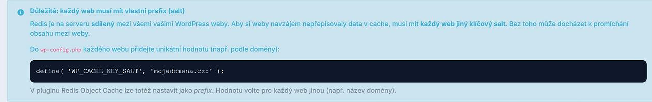 Upozornění na nutnost unikátního WP_CACHE_KEY_SALT pro každý web