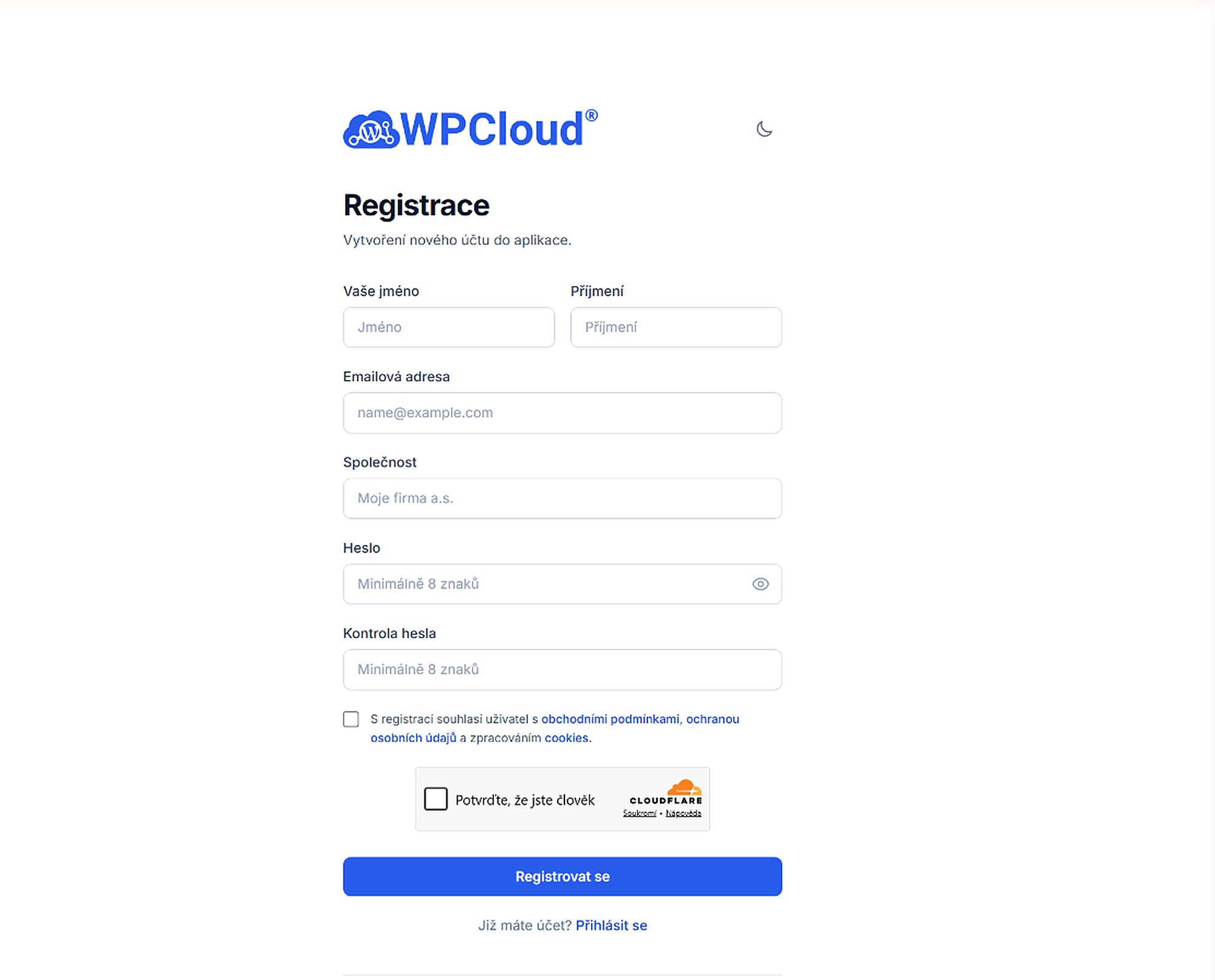 Detail registračního formuláře
