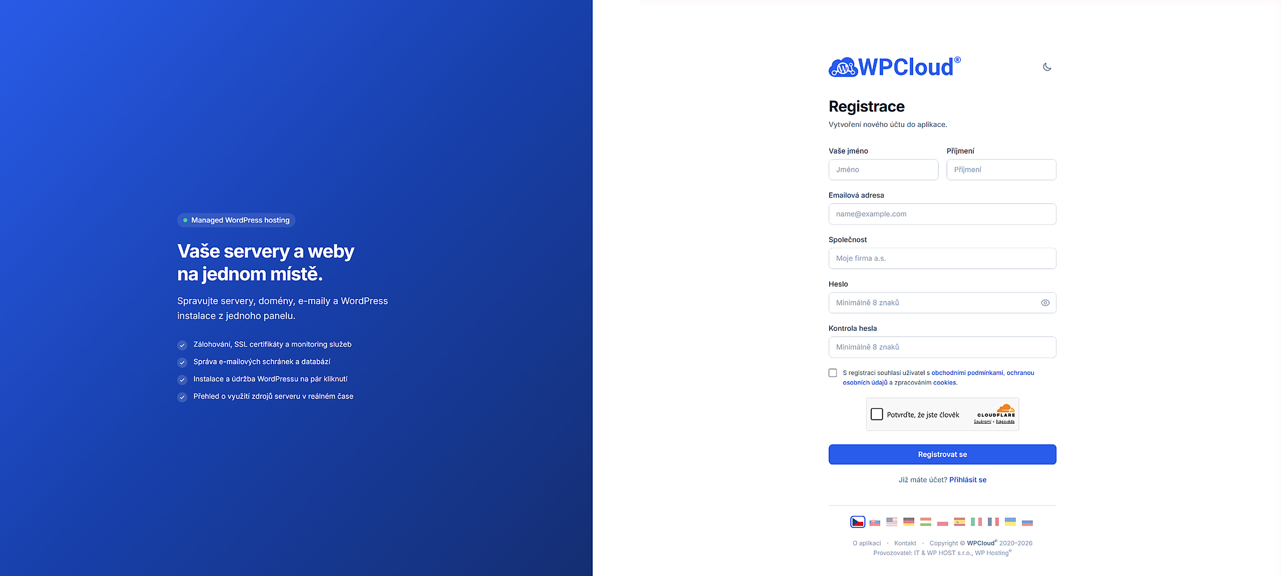 Registrační obrazovka WPCloud