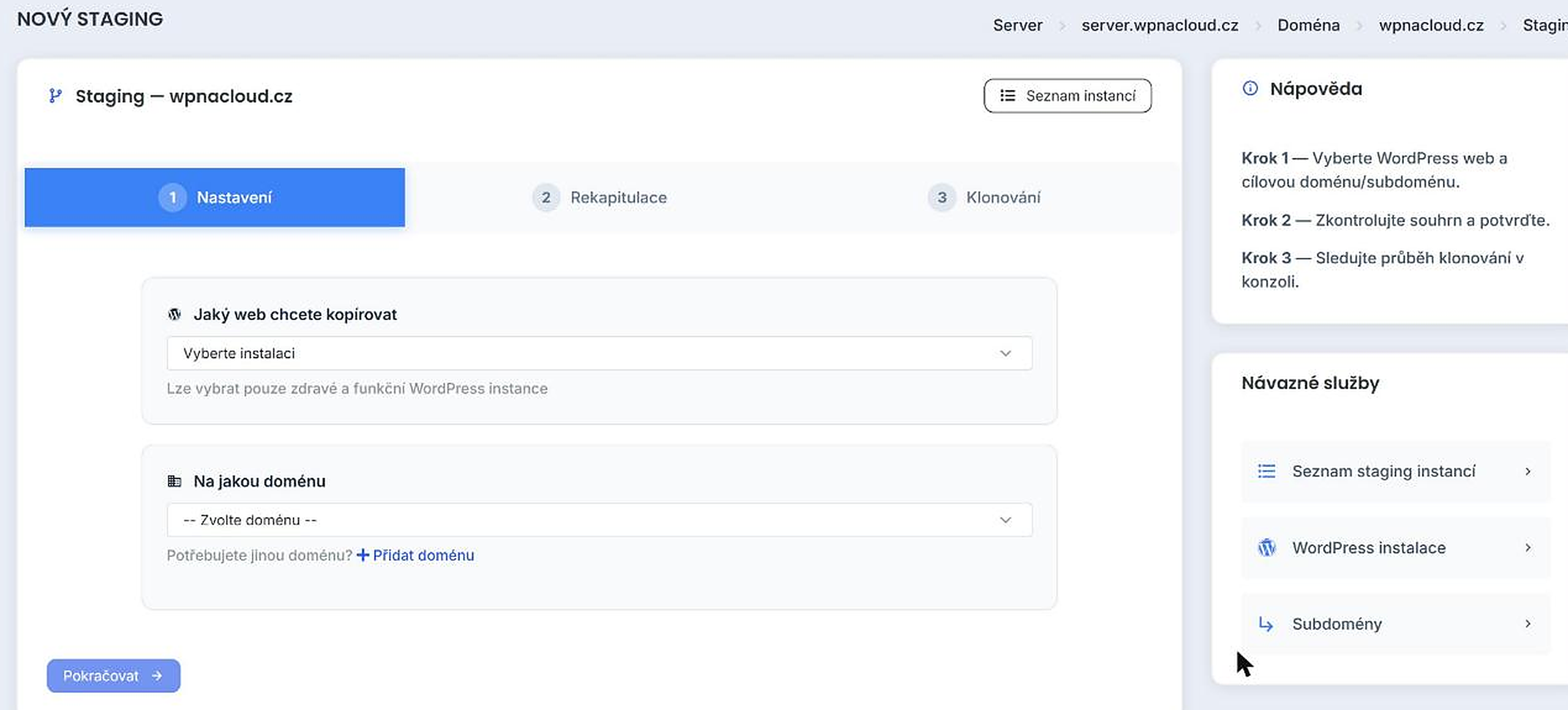 Třístupňový průvodce vytvořením staging kopie webu