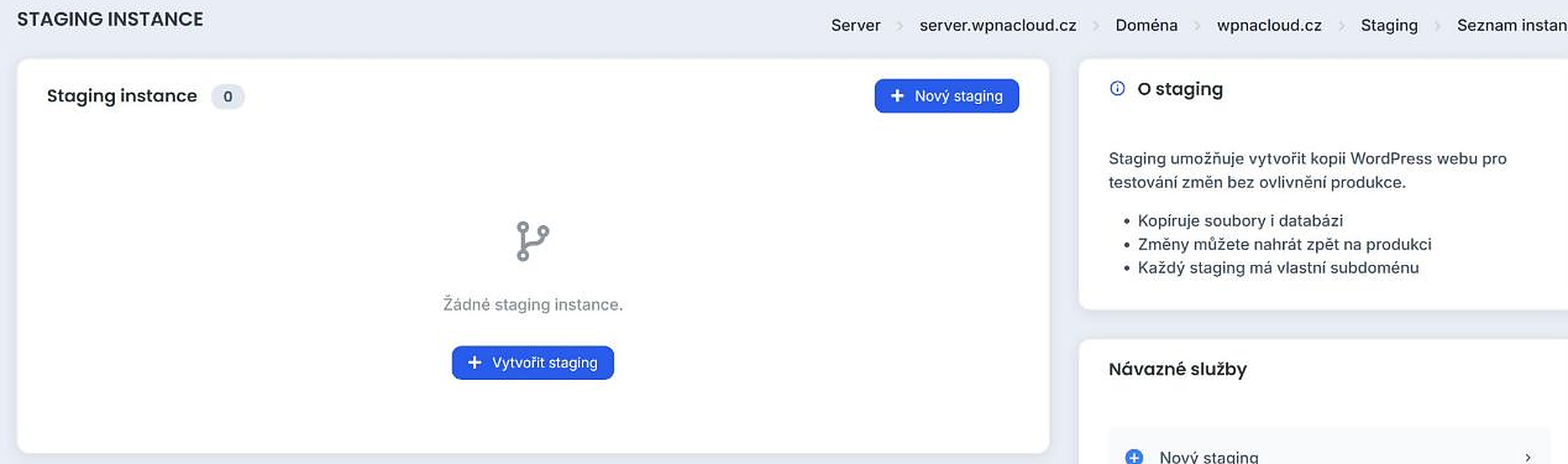 Prázdný seznam staging instancí s vysvětlením funkce