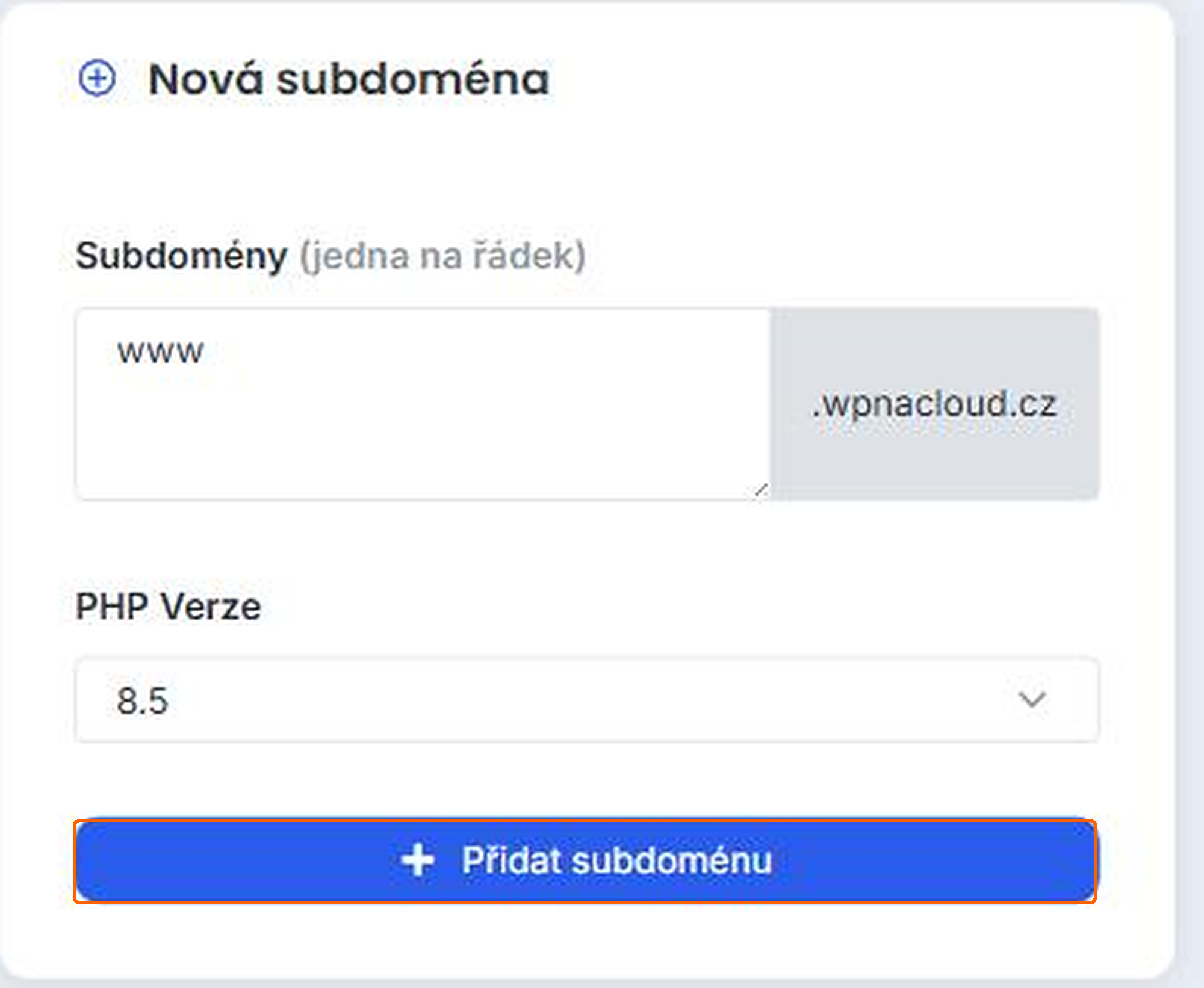 Vyplněný formulář Nová subdoména