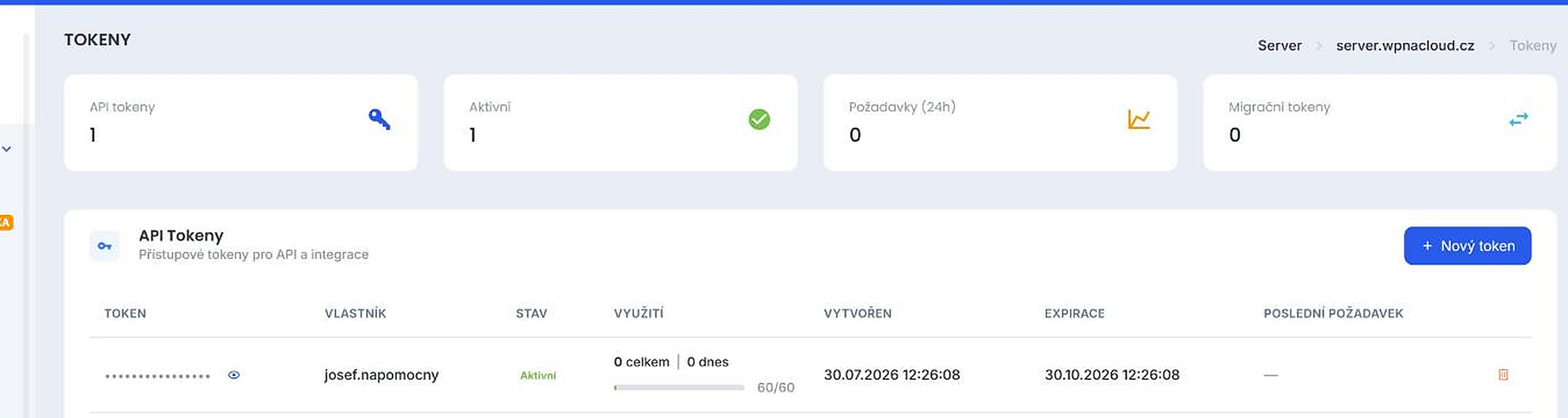 Správa API tokenů serveru v panelu