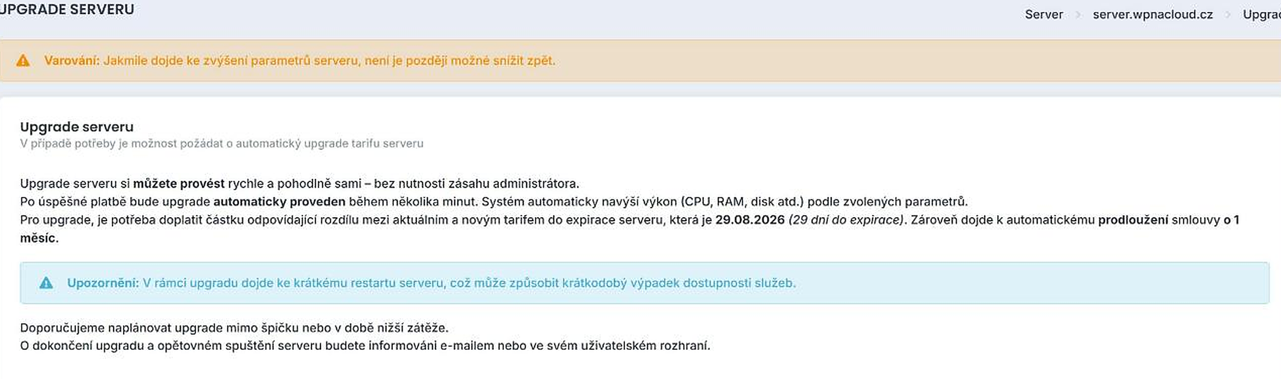 Upozornění na nevratnost upgradu a popis automatického procesu