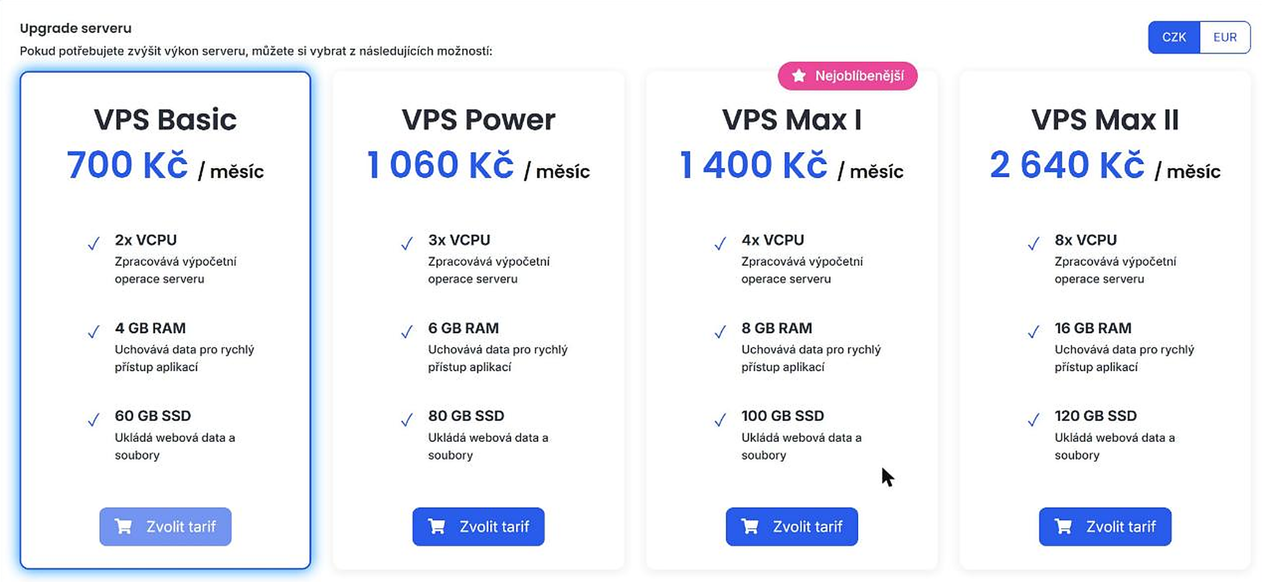 Nabídka tarifů VPS Basic, Power, Max I a Max II