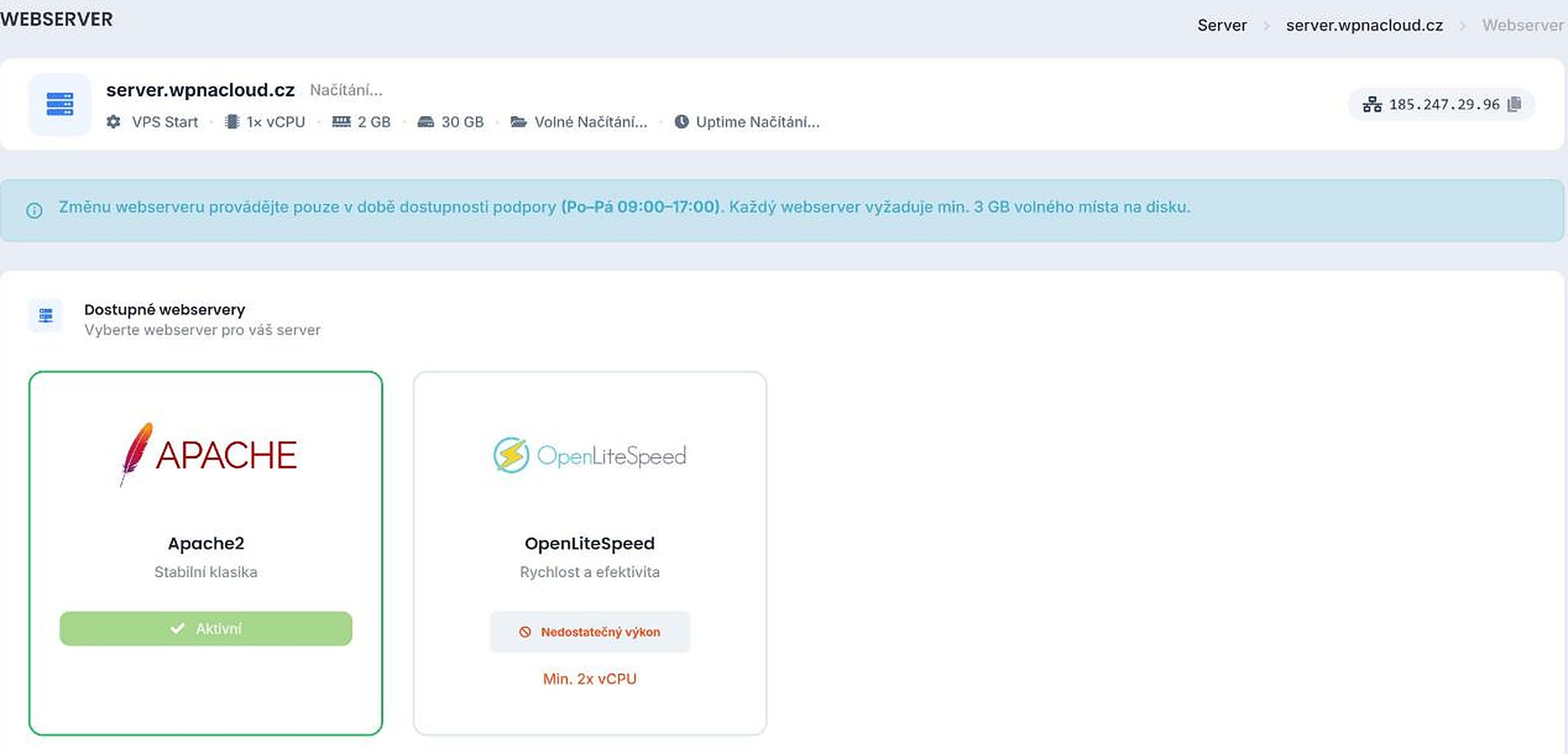 Výběr webserveru Apache2 nebo OpenLiteSpeed
