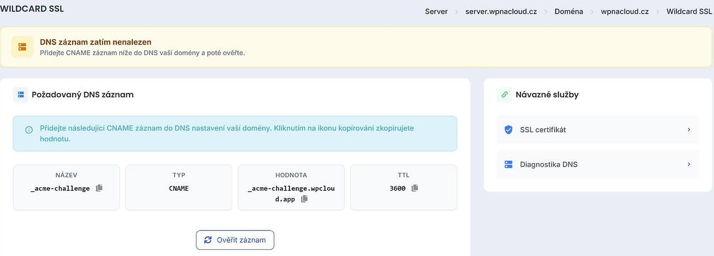 Požadovaný DNS záznam pro ověření Wildcard SSL