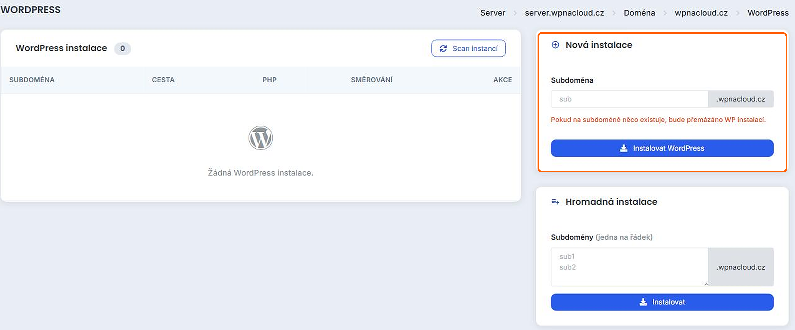 Stránka WordPress instalace