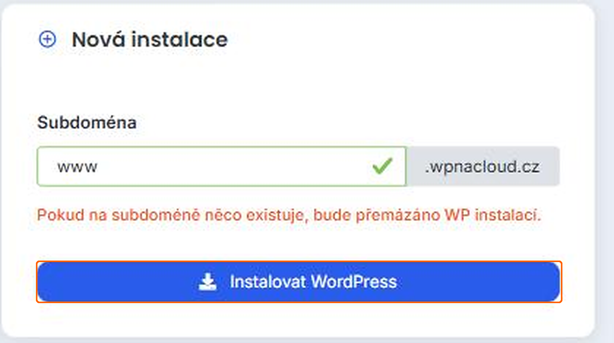 Vyplněný formulář Nová instalace