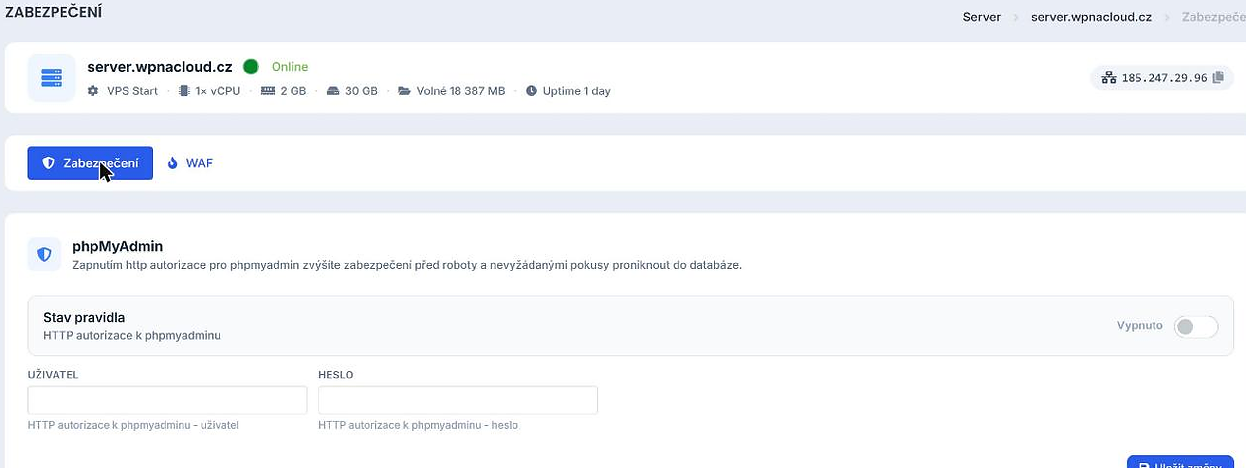 Přepínač HTTP autorizace k phpMyAdmin a pole uživatel/heslo