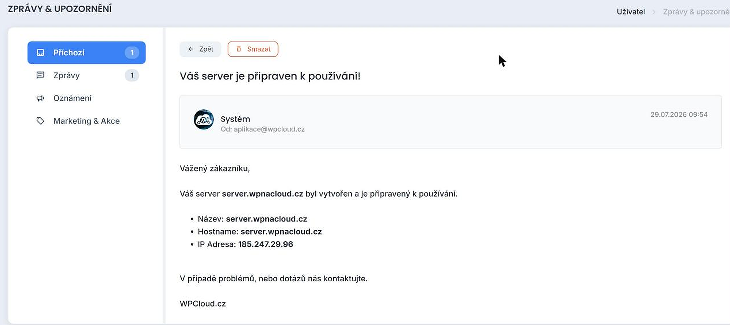 Otevřená systémová zpráva o vytvoření serveru