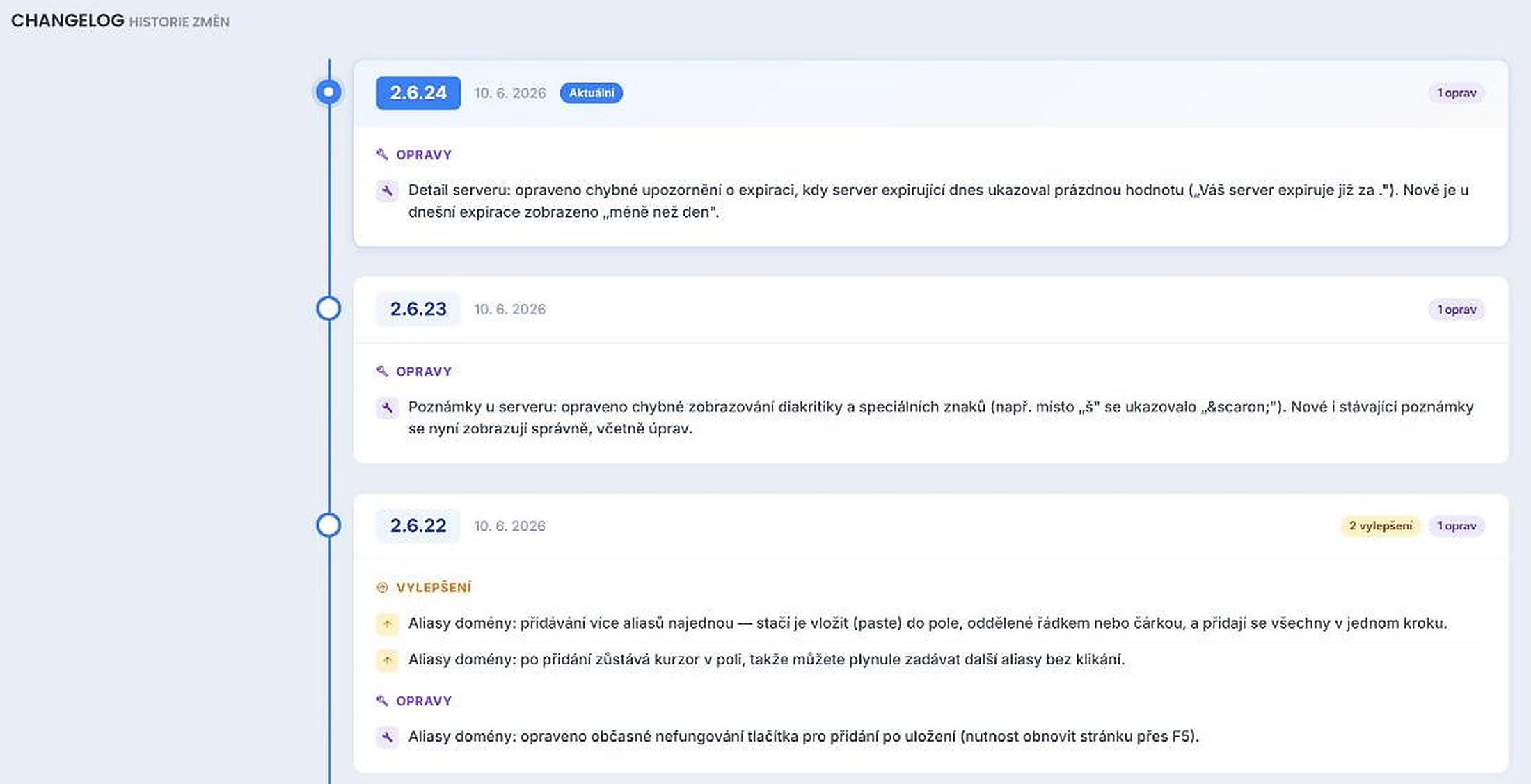 Changelog — historie změn panelu po verzích