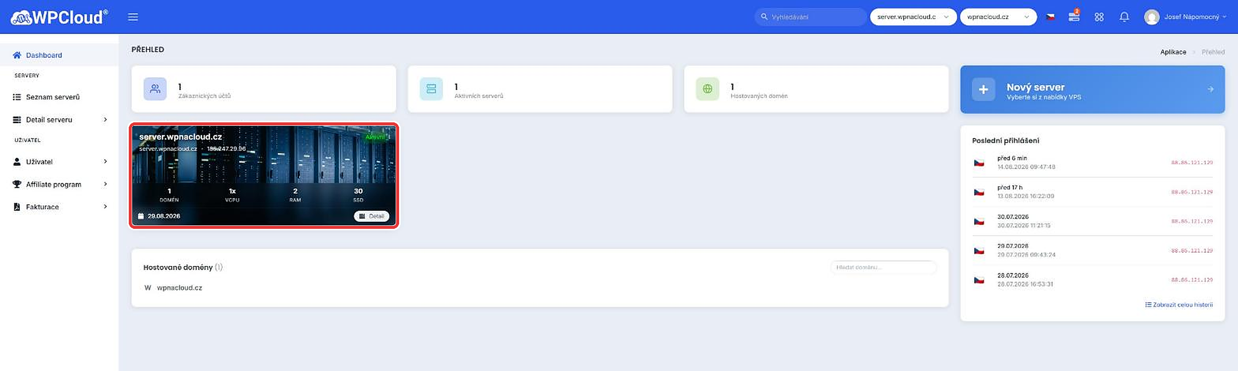 Dashboard panelu s kartou nového serveru