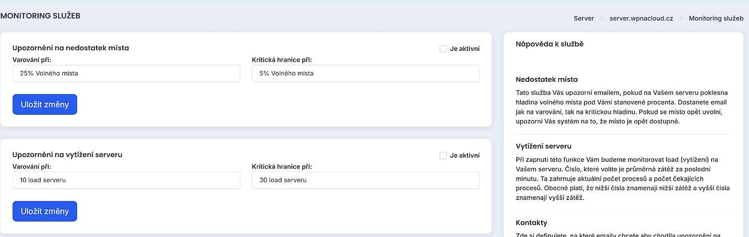 Monitoring služeb — upozornění na nedostatek místa a vytížení serveru
