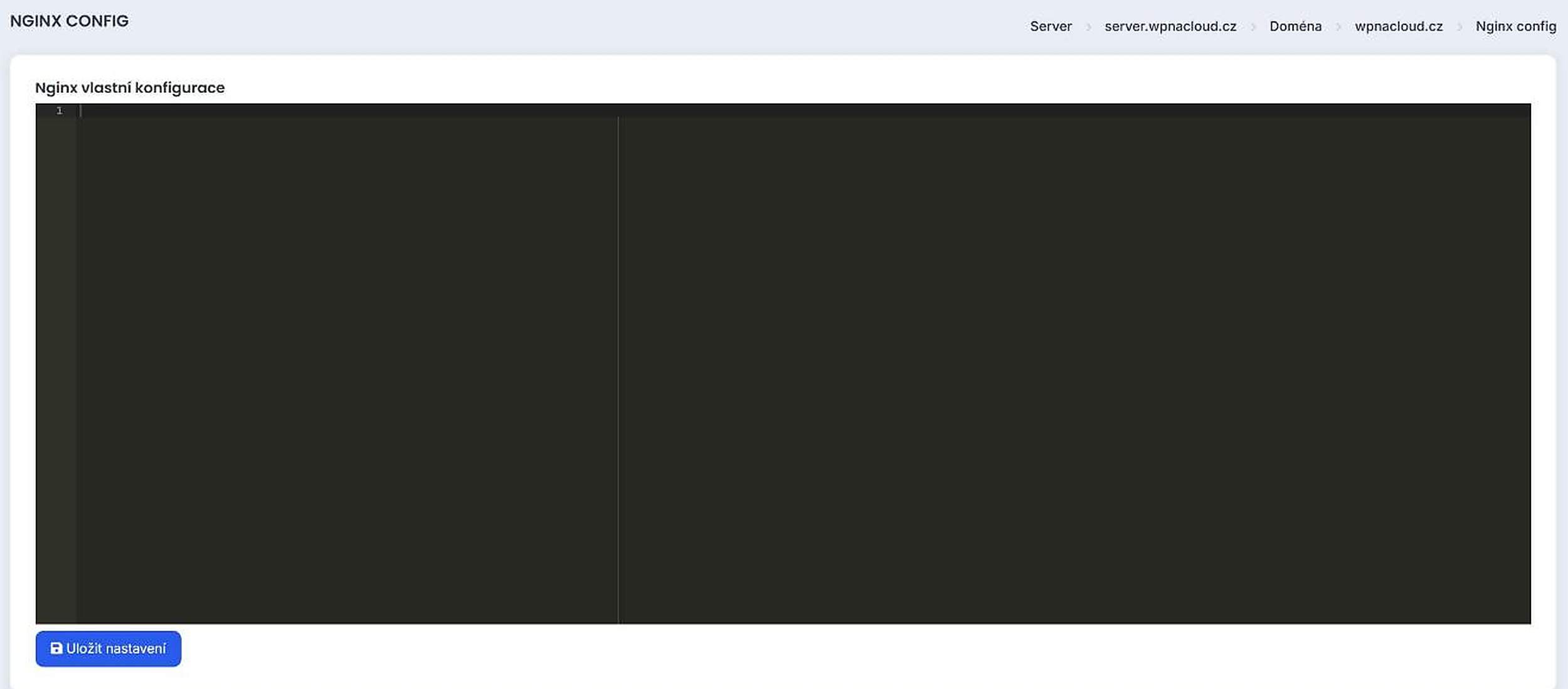 Editor vlastní Nginx konfigurace domény