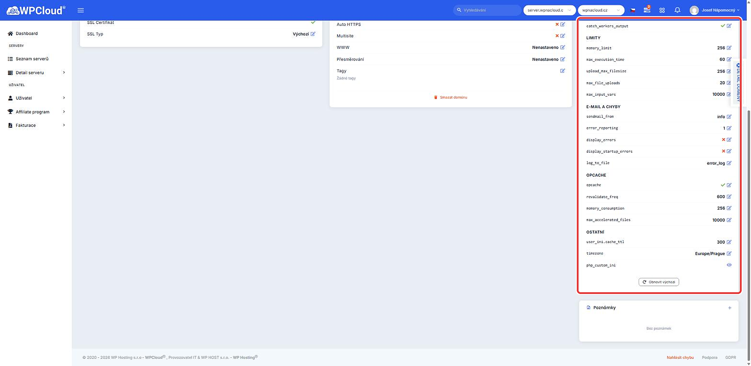 Dolní část panelu PHP Nastavení — e-mail a chyby, OPcache, ostatní a Obnovit výchozí