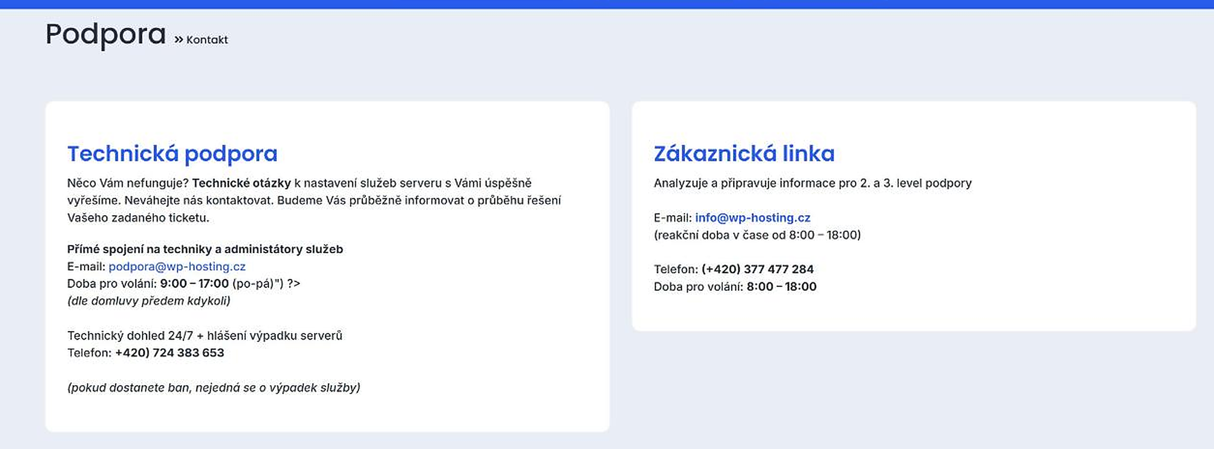 Kontakty na technickou podporu a zákaznickou linku
