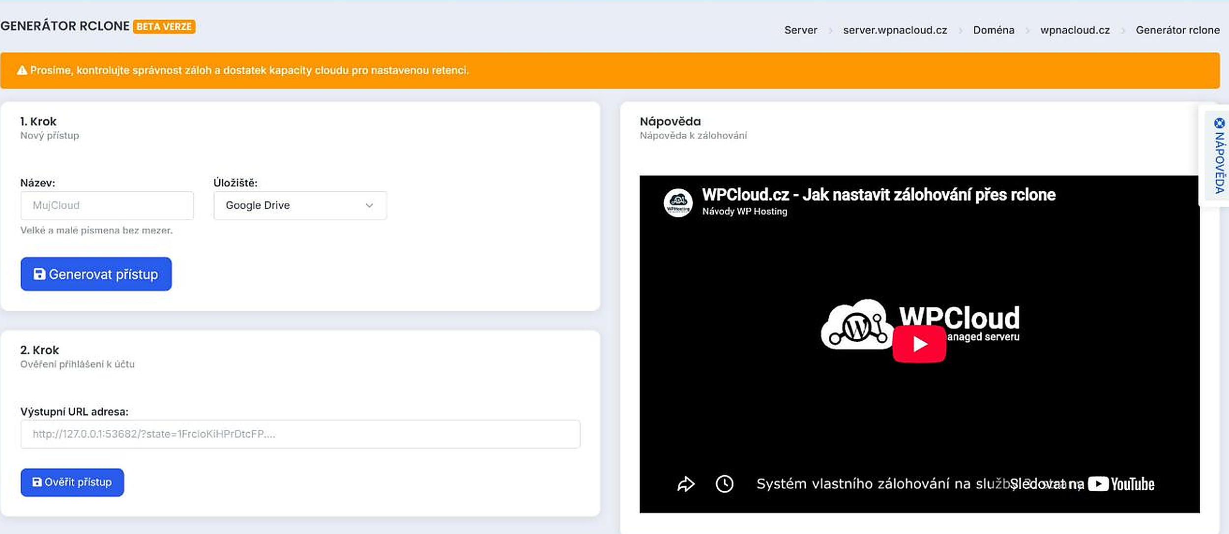 Generátor rclone configu — dva kroky propojení s cloudem