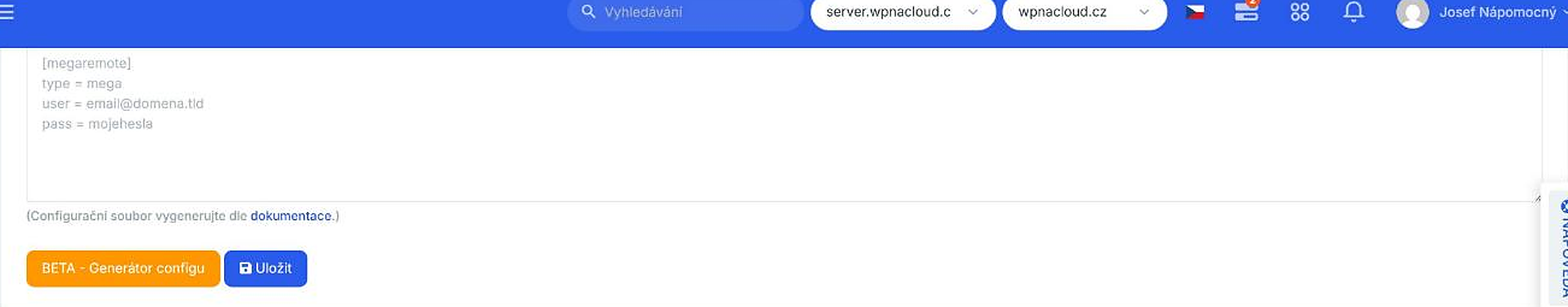 Vložení rclone konfiguračního souboru