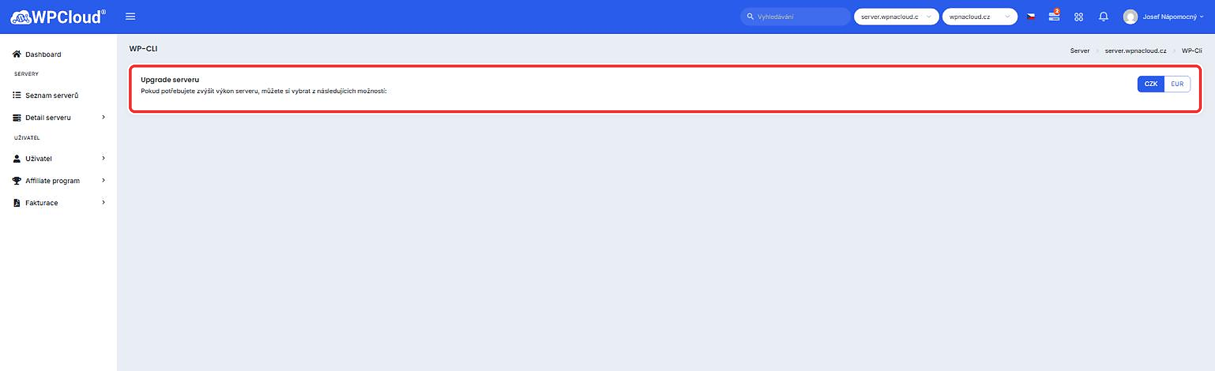Stránka WP-CLI s nabídkou upgradu serveru (zvýrazněno)